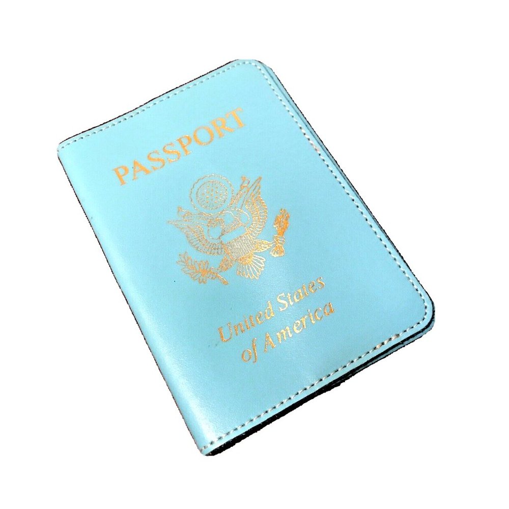 Baekgaard Leather Passport Cover Holder Travel Wallet Turquoise Aqua Gold Print